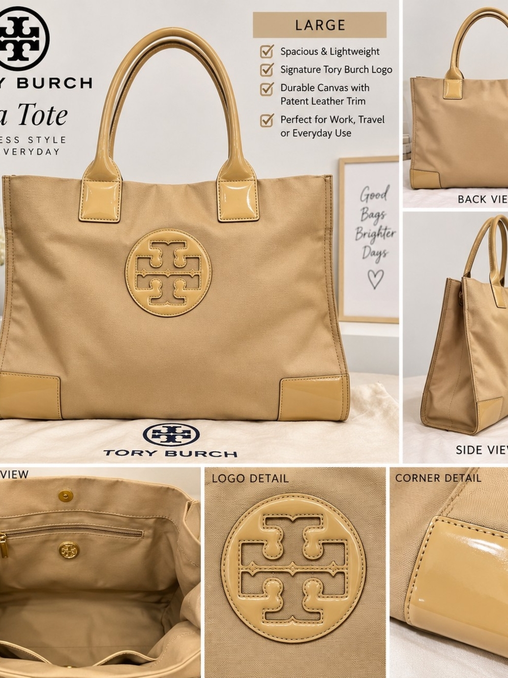 Tory Burch Beige Canvas Tote with Patent Trim